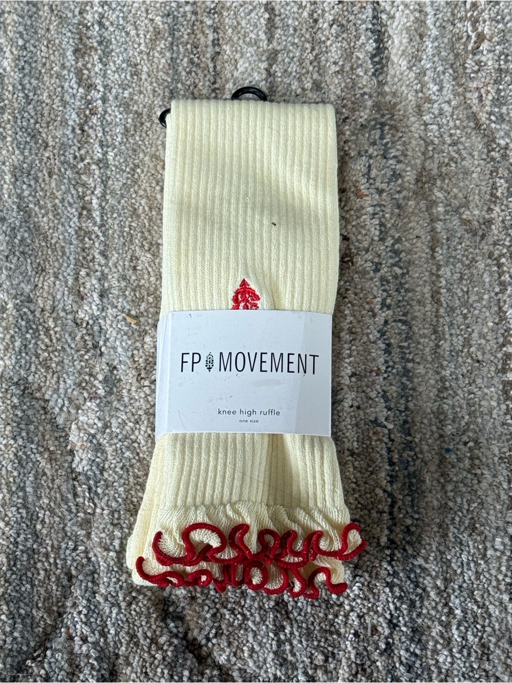 Women's FP movement Knee High Ruffle Socks - Cream with Red Trim